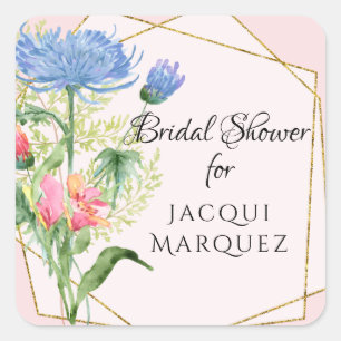 Vrijgezellenfeest Favor Seals Dusty Blue Pink Flor Vierkante Sticker