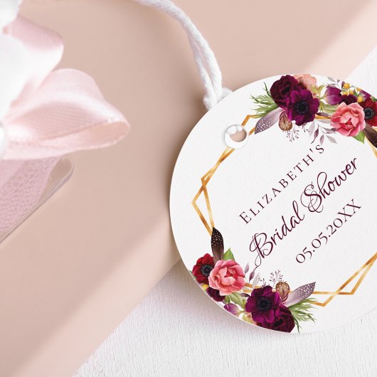 Vrijgezellenfeest floraal goud geometrische burgun bedankjes labels