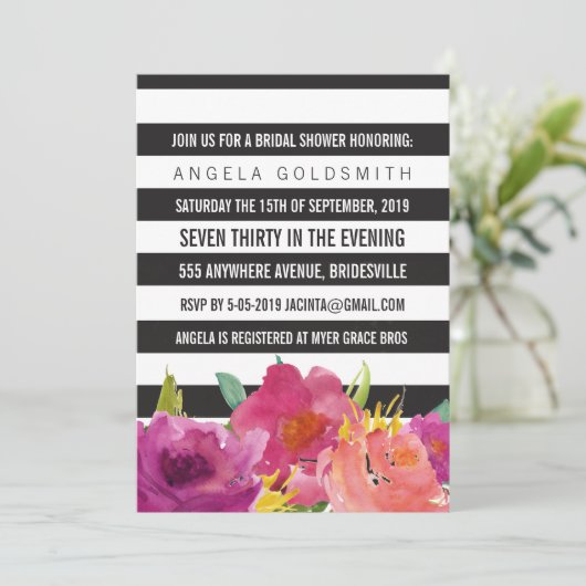 vrijgezellenfeest Floral Black & White Stripes Kaart (Staand voorkant)