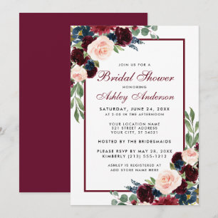 Vrijgezellenfeest Floral Burgundy Blue Invitation Kaart