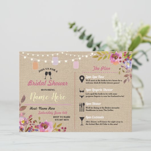 vrijgezellenfeest Floral Burlap Jars Pink Kaart (Staand voorkant)