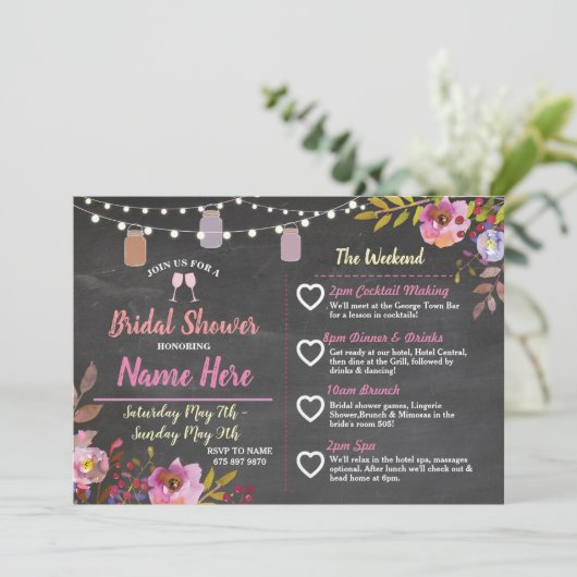 vrijgezellenfeest Floral Jars Pink Itinerary Chalk Programmakaart (Staand voorkant)