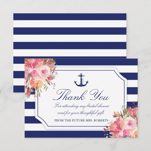 Vrijgezellenfeest Floral Nautisch Anker Blauwe Str Bedankkaart (Voorkant / Achterkant)