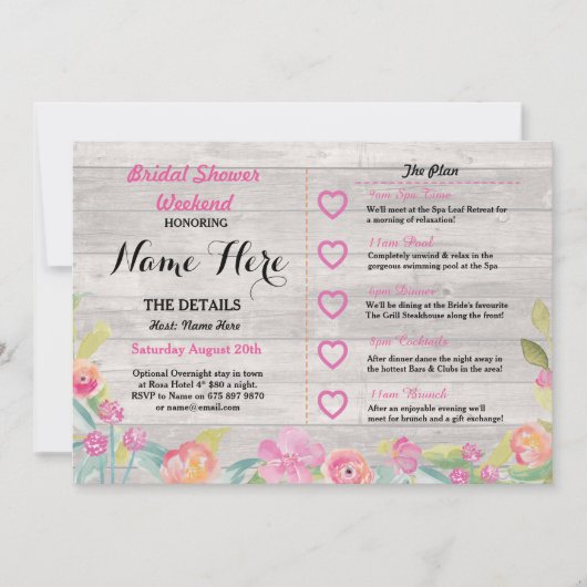 vrijgezellenfeest Floral Rustic Wood Pink Invite Kaart (Voorkant)