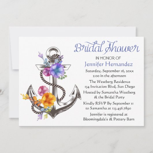 Vrijgezellenfeest Floral Ship Anchor Blue Kaart (Voorkant)