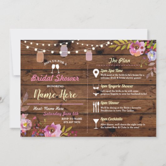 vrijgezellenfeest Floral Wood Jars Pink Itinerary Kaart (Voorkant)