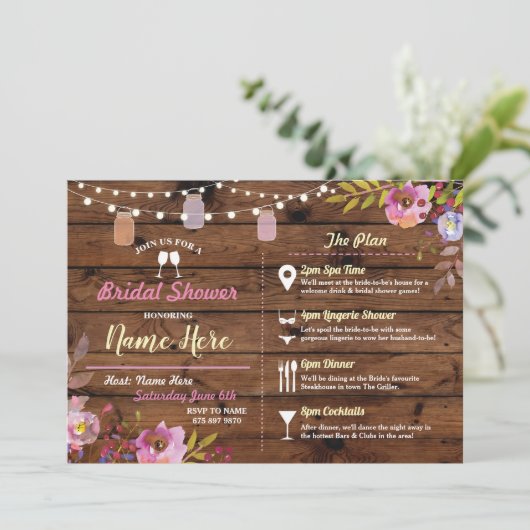 vrijgezellenfeest Floral Wood Jars Pink Itinerary Kaart (Staand voorkant)