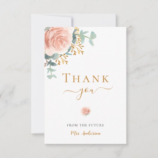 Vrijgezellenfeest florale eucalyptus roos goudroze bedankkaart (Voorkant)