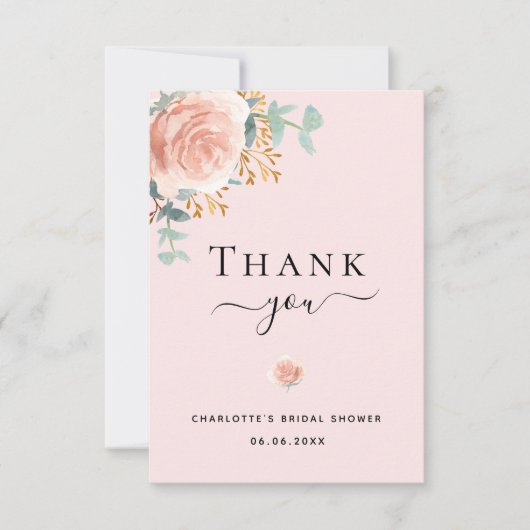 Vrijgezellenfeest florale eucalyptus roos goudroze bedankkaart (Voorkant)