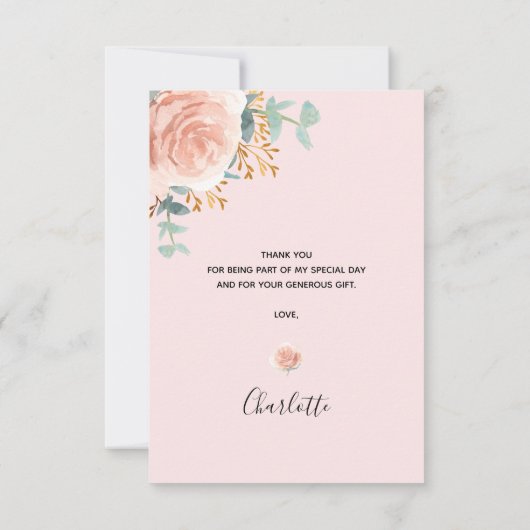 Vrijgezellenfeest florale eucalyptus roos goudroze bedankkaart (Achterkant)