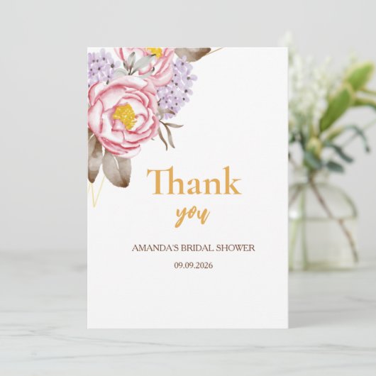 Vrijgezellenfeest florale eucalyptus roos goudroze bedankkaart (Staand voorkant)