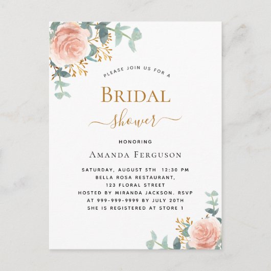 Vrijgezellenfeest florale roos goud eucalyptusgroe uitnodiging briefkaart (Voorkant)