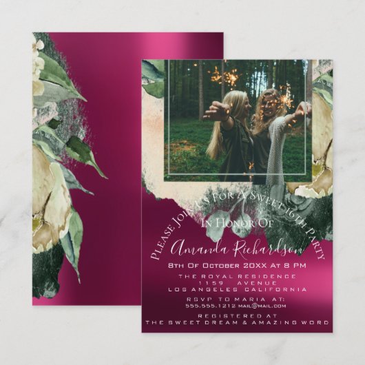 Vrijgezellenfeest Foto Maroon Floral Birthday MARS Kaart (Voorkant / Achterkant)