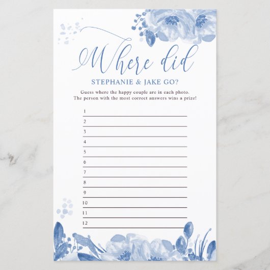 Vrijgezellenfeest Game Blue Floral Waar gingen ze  (Voorkant)