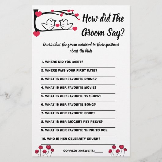 Vrijgezellenfeest game Card Wat heeft Groom gezegd Flyer (Voorkant)