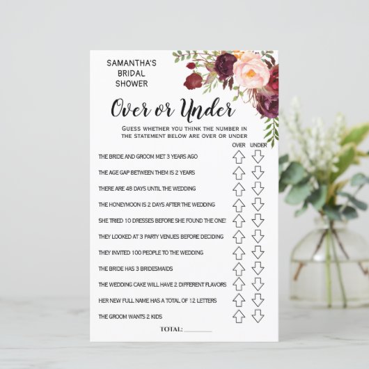 Vrijgezellenfeest Game Ove of under Marsala Flower (Staand voorkant)