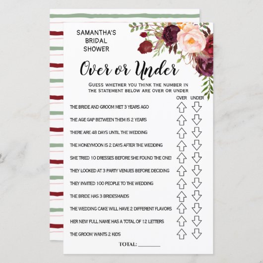 Vrijgezellenfeest Game Ove of under Marsala Flower (Voorkant / Achterkant)