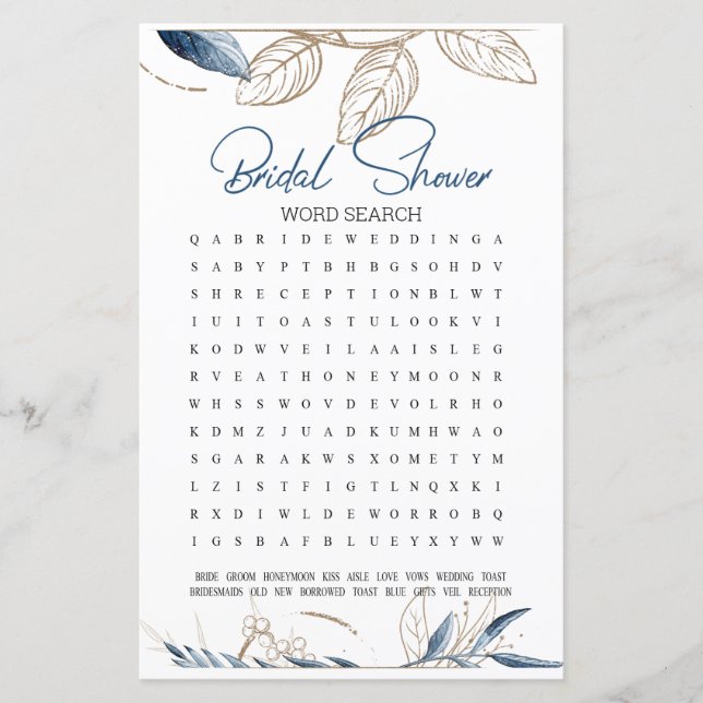 Vrijgezellenfeest game Word Search Blue Gold Flora (Voorkant)