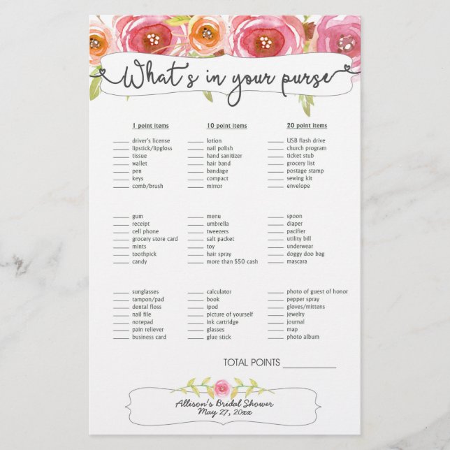 Vrijgezellenfeest Games purse bingo, roze floral 3 (Voorkant)