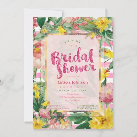 Vrijgezellenfeest |  geelroze Floral+Stripes Kaart (Voorkant)