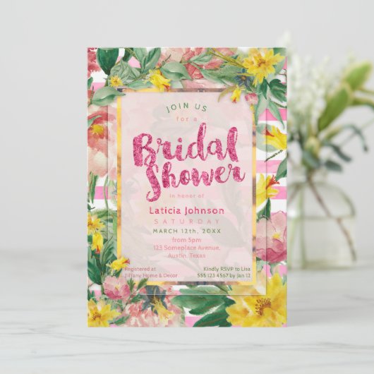 Vrijgezellenfeest |  geelroze Floral+Stripes Kaart (Staand voorkant)