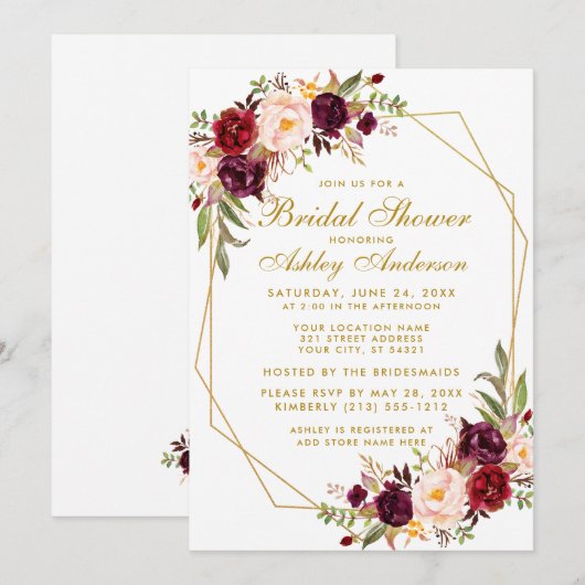 Vrijgezellenfeest Gold Burgundy Floral Geometric Kaart (Voorkant / Achterkant)