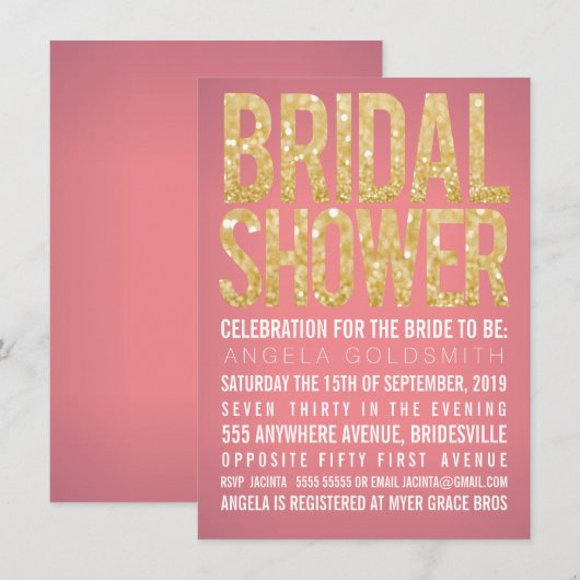 vrijgezellenfeest Gold Glitter Coral Party Invitat Kaart (Voorkant / Achterkant)