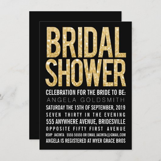 Vrijgezellenfeest Gold Glitter Zwart & Wit Uitnodi Kaart (Voorkant / Achterkant)