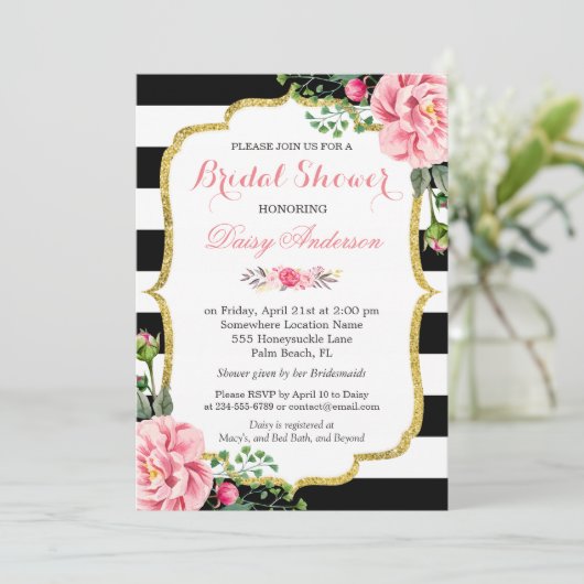 Vrijgezellenfeest Gold Pink Floral Black White Str Kaart (Staand voorkant)