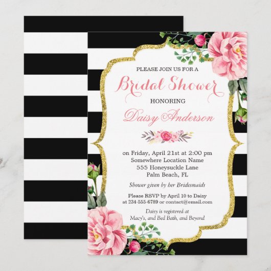 Vrijgezellenfeest Gold Pink Floral Black White Str Kaart (Voorkant / Achterkant)