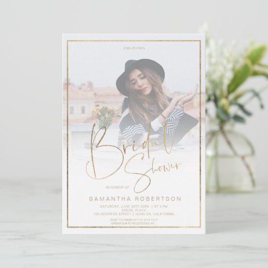 Vrijgezellenfeest goudelegantie foto-kalligrafie kaart (Staand voorkant)