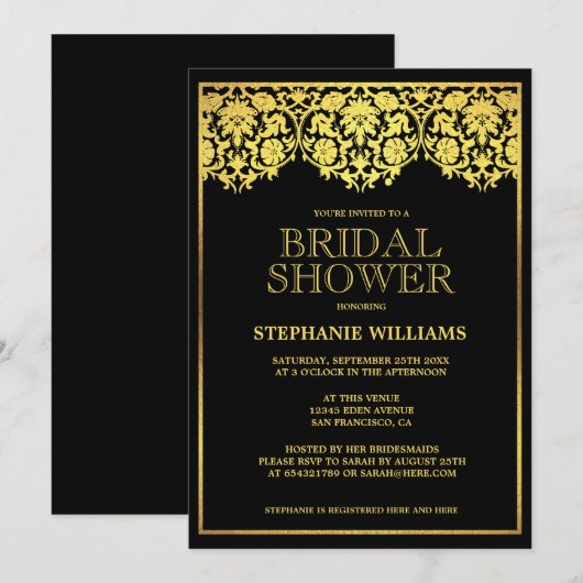 Vrijgezellenfeest |  gouden art deco damask kaart (Voorkant / Achterkant)