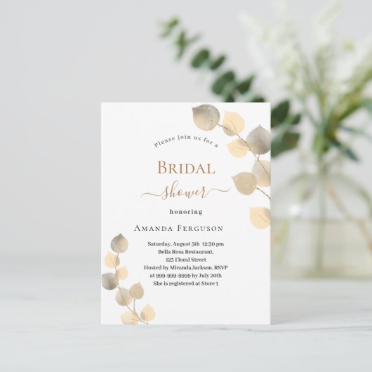 Vrijgezellenfeest gouden eucalyptusspriet uitnodiging briefkaart (Staand voorkant)