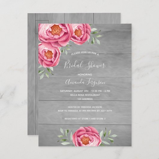 Vrijgezellenfeest grijze houtroze bloemuitnodiging briefkaart (Voorkant / Achterkant)