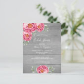 Vrijgezellenfeest grijze houtroze bloemuitnodiging briefkaart (Staand voorkant)