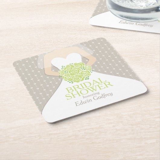 Vrijgezellenfeest groene rozen witte jurk aangepas kartonnen onderzetters (Schuin)
