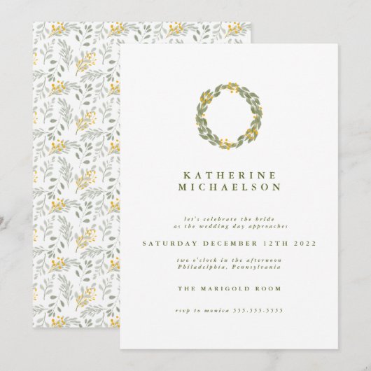 VRIJGEZELLENFEEST | Groene Waterverf Wreath Kaart (Voorkant / Achterkant)