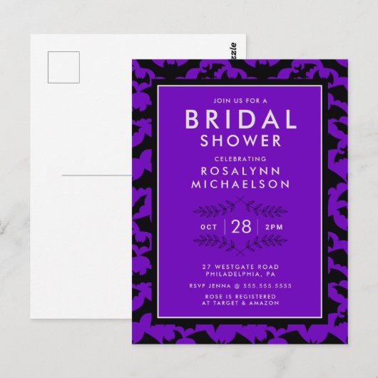 VRIJGEZELLENFEEST | Halloween Paars Bat Pattern Briefkaart (Voorkant / Achterkant)