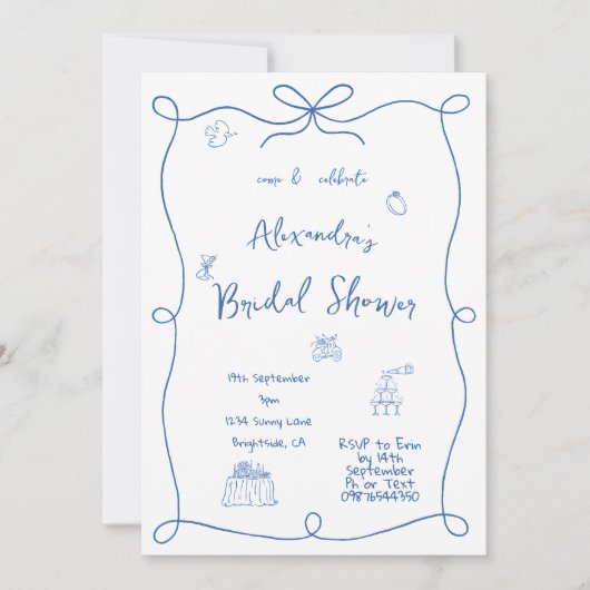 Vrijgezellenfeest Hand getekend Frans Blauw Whimsi Kaart (Voorkant)