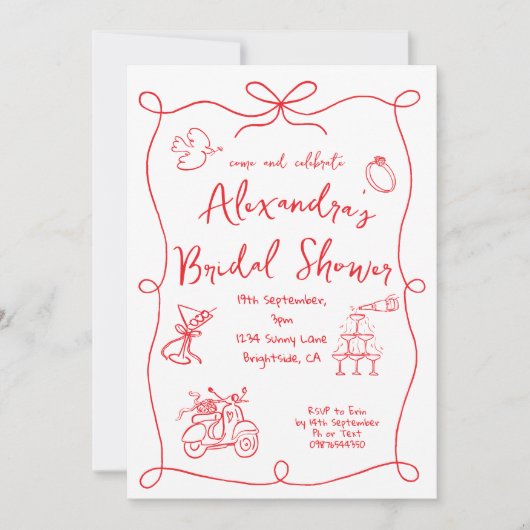 Vrijgezellenfeest Hand getekend rood wit grillig Kaart (Voorkant)