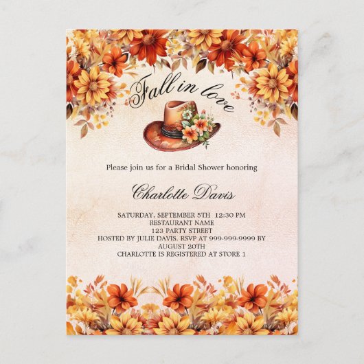 Vrijgezellenfeest herfst in liefde cowgirl sinaasa uitnodiging briefkaart (Voorkant)