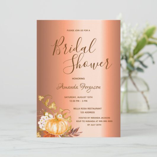 Vrijgezellenfeest herfst pompoen koperscript kaart (Staand voorkant)