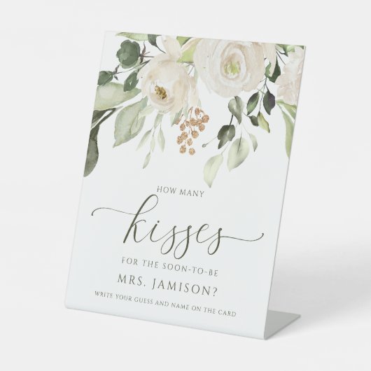 Vrijgezellenfeest Hoeveel Kisses Game White Greene Reclamebord Met Voetstuk (Voorkant)