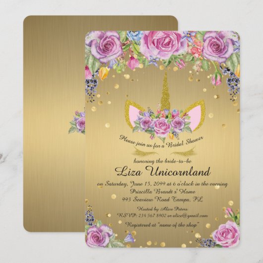 vrijgezellenfeest Honoring, unicorn, metaalgoud, b Kaart (Voorkant / Achterkant)