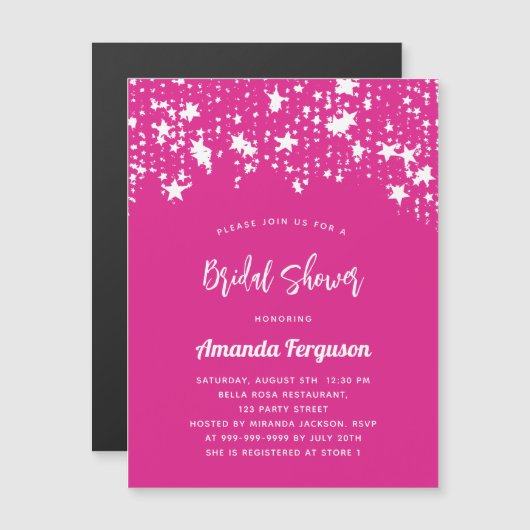 Vrijgezellenfeest Hot Pink White Stars Luxe Magnetische Uitnodiging (Voorkant / Achterkant)