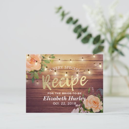 Vrijgezellenfeest Hout Floral String Lights Recipe Uitnodiging Briefkaart (Staand voorkant)