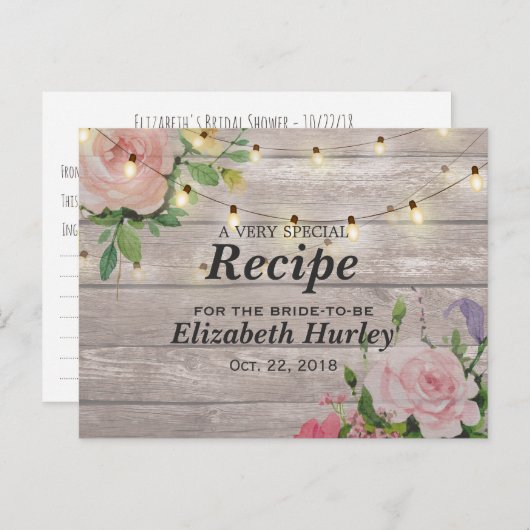 Vrijgezellenfeest Hout Floral String Lights Recipe Uitnodiging Briefkaart (Voorkant / Achterkant)