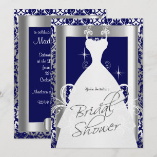 Vrijgezellenfeest in Navy Blue Damask en Silver Kaart