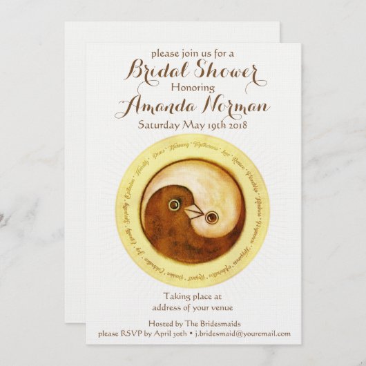 VRIJGEZELLENFEEST INVITE gouden YinYang duiven Kaart (Voorkant / Achterkant)