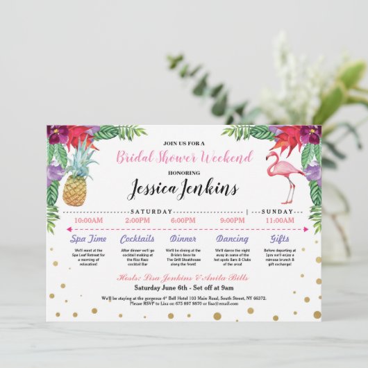 Vrijgezellenfeest Itinerary Aloha Flamingo Pineapp Programmakaart (Staand voorkant)